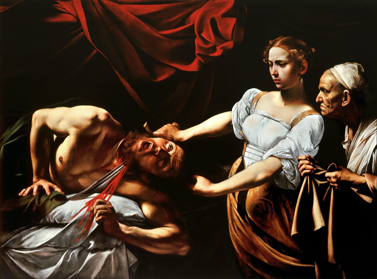 Judith Beheading Holofernes by Caravaggio: a young woman leans back as she beheads a man twisting on a bed, an old maidservant beside her holding a cloth, under a red canopy