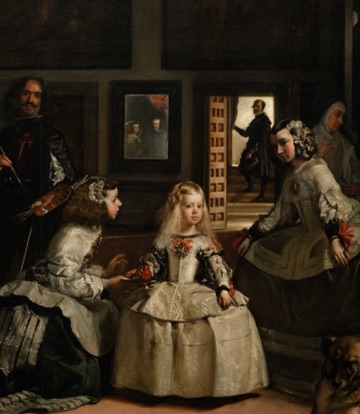 La infanta, de blanc, és entre dues acompanyants.