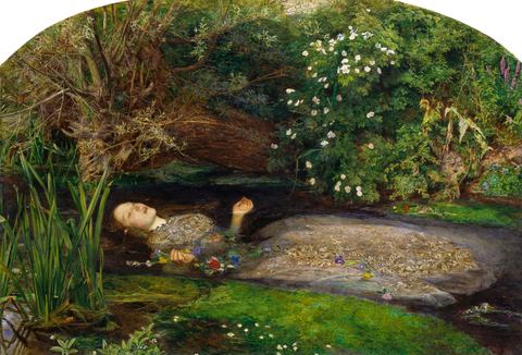 Ophelia by John Everett Millais: a young woman floating in a flower-strewn stream