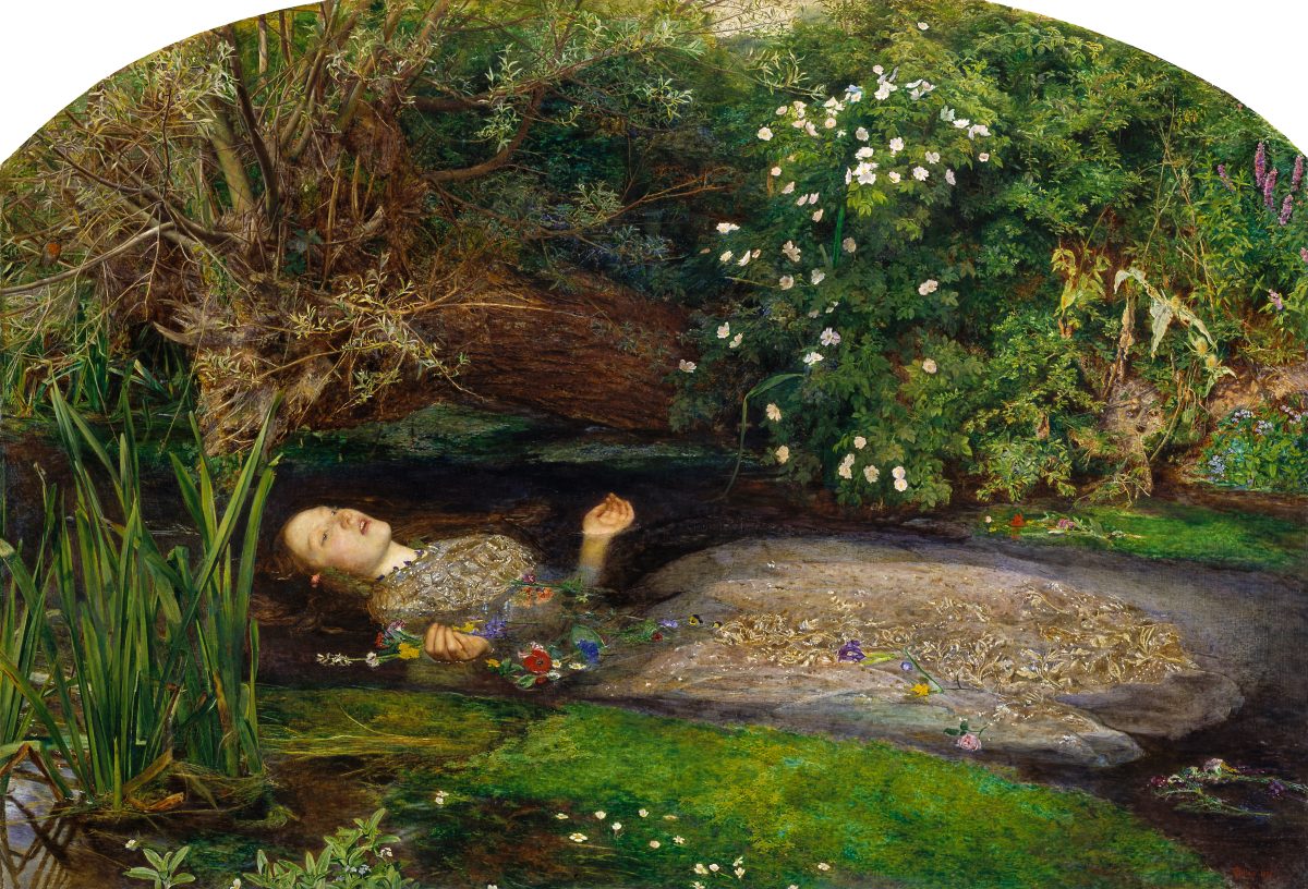Ophelia by John Everett Millais: a young woman in an embroidered dress floats on her back in a flower-strewn stream, her hands open above the water and her mouth slightly parted