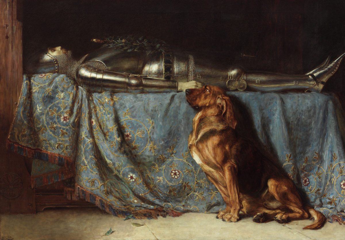 Requiescat by Briton Rivière: a hound sits upright beside a knight in armor lying in state on blue cloth, looking toward his face