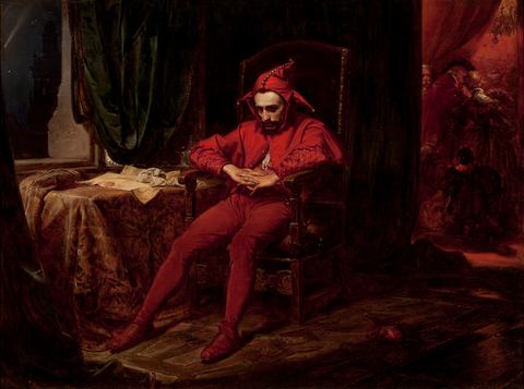 Stańczyk by Jan Matejko: a jester in red slumped in a chair while the court dances behind him