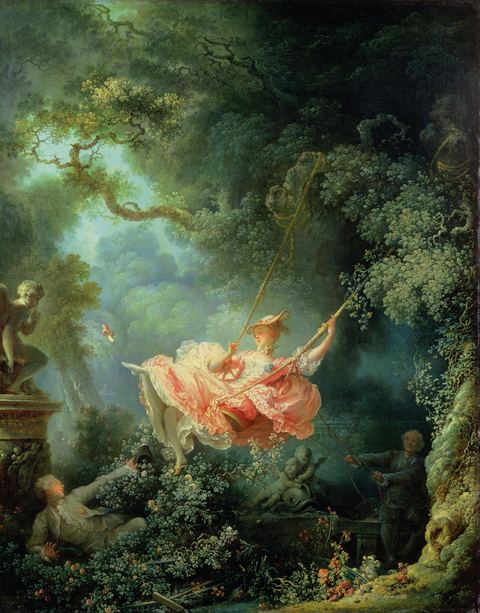The Swing by Fragonard: a young woman on a garden swing kicking off her shoe