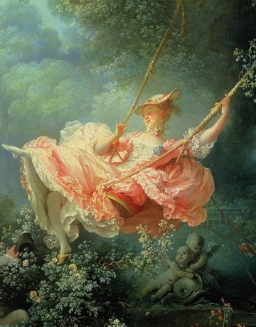 Her rose-colored dress billows across the swing.