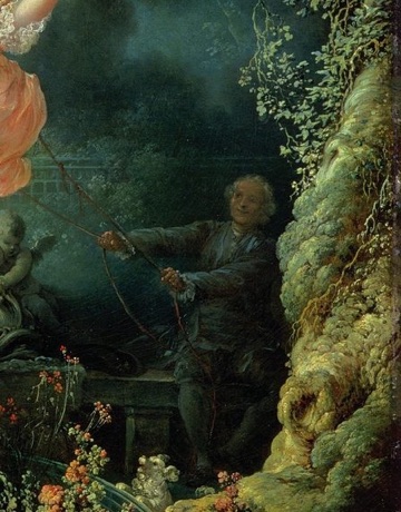 An older man pulls the swing from the shadows.