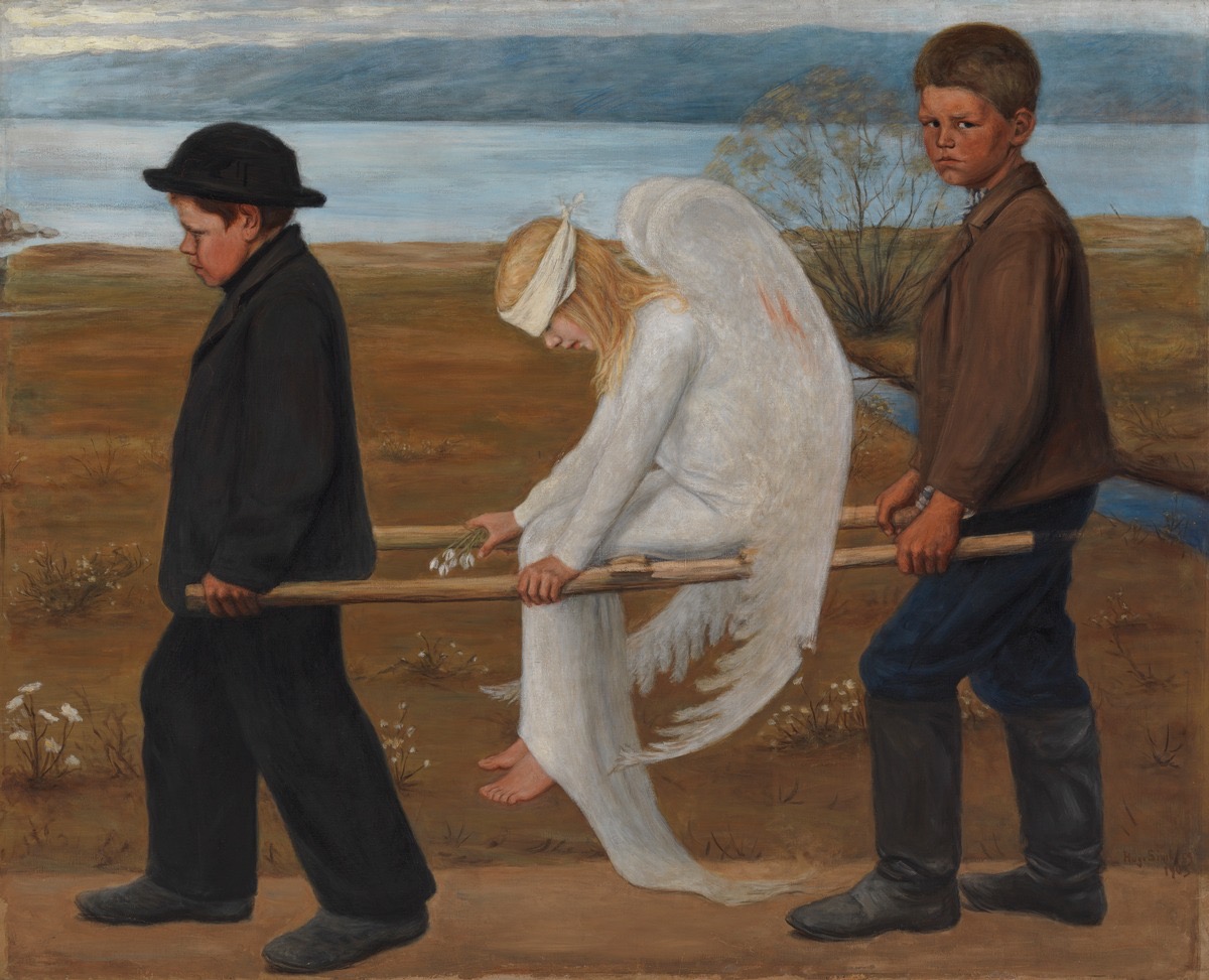 The Wounded Angel by Hugo Simberg: two boys, one in a black coat and hat and one in a brown jacket who glances back at the viewer, carry a wooden stretcher on which a winged angel in white sits bowed, eyes bandaged and a few white flowers in hand, along a path beside a bay.